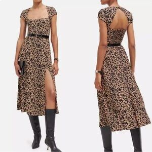 Reformation Leopard Print Cap Sleeve Open Back Slit Elton Midi Dress Blitz SIZE4